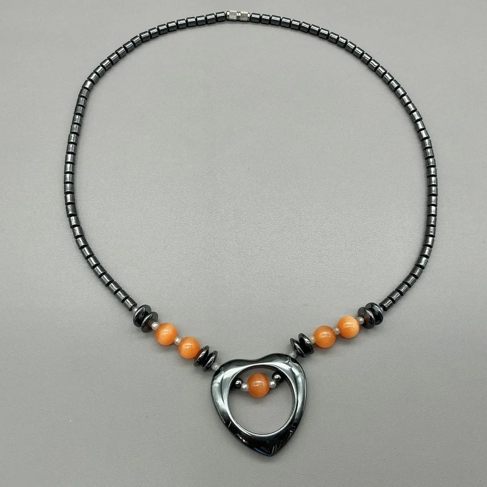 Necklace Hematite Beaded Heart Pendant Orange Bead‎ Barrel Statement Jewelry
